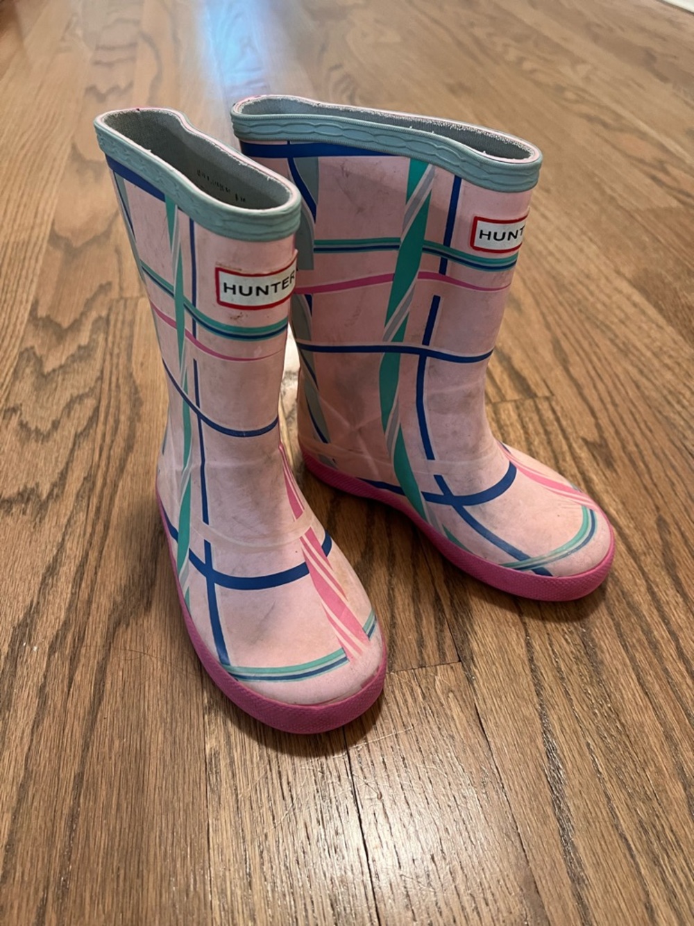 Hunter Kids Pink Plaid Rain Boots with Blue & Teal Stripes